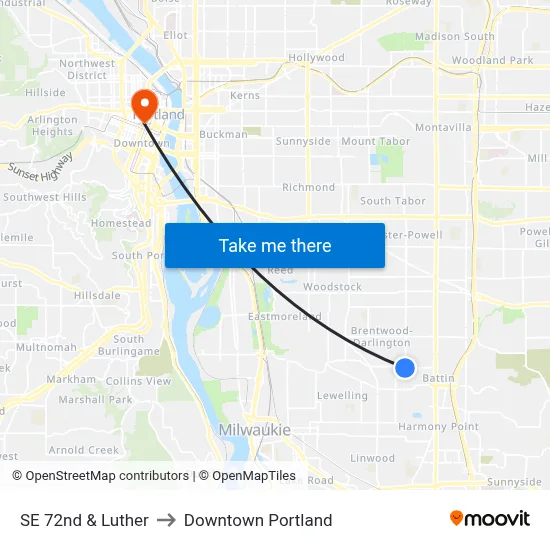 SE 72nd & Luther to Downtown Portland map