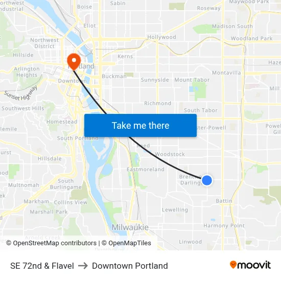 SE 72nd & Flavel to Downtown Portland map