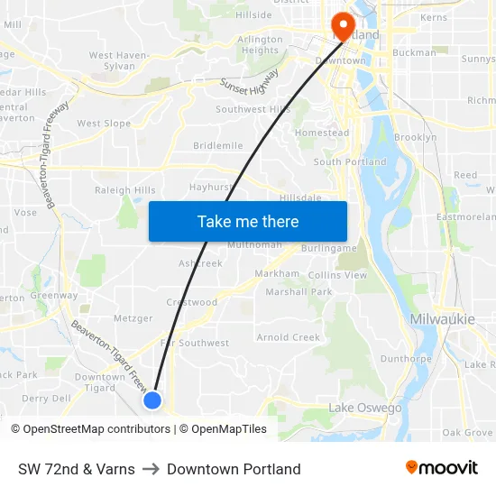 SW 72nd & Varns to Downtown Portland map