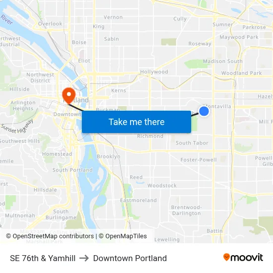 SE 76th & Yamhill to Downtown Portland map