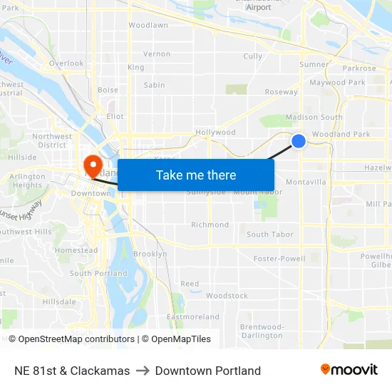 NE 81st & Clackamas to Downtown Portland map