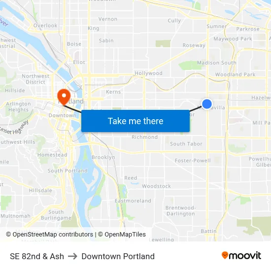 SE 82nd & Ash to Downtown Portland map