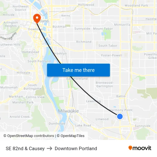 SE 82nd & Causey to Downtown Portland map