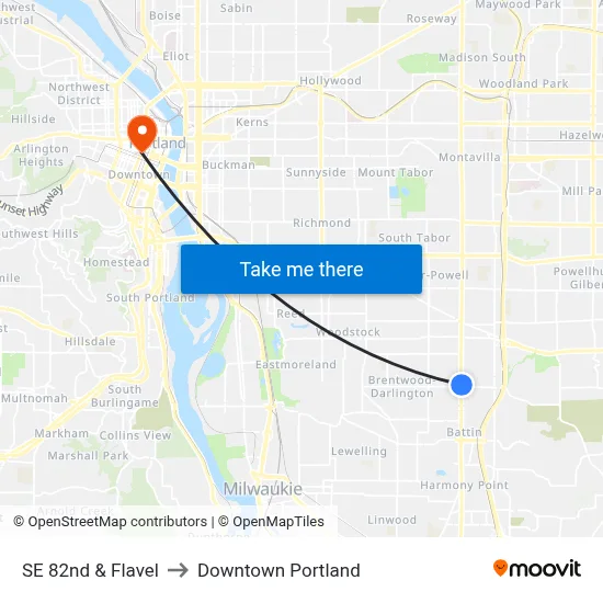 SE 82nd & Flavel to Downtown Portland map
