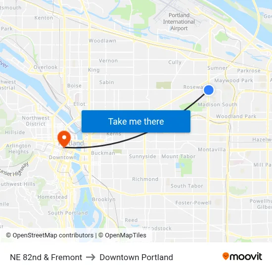 NE 82nd & Fremont to Downtown Portland map