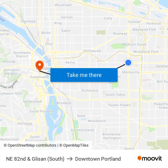 NE 82nd & Glisan (South) to Downtown Portland map