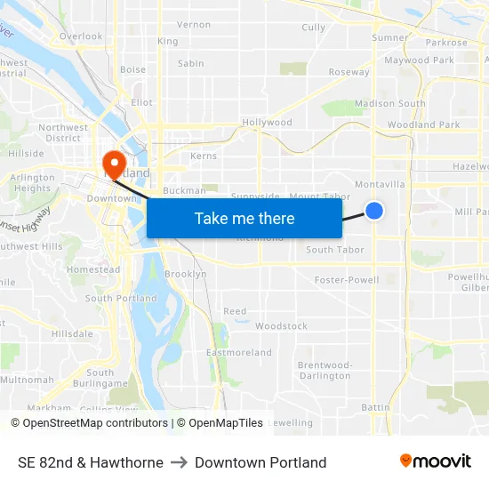 SE 82nd & Hawthorne to Downtown Portland map