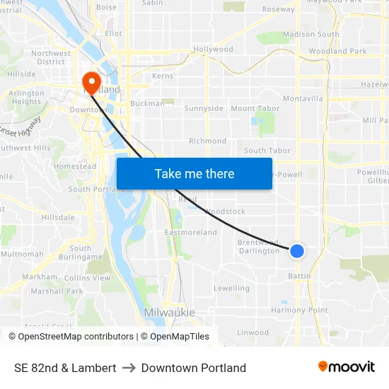 SE 82nd & Lambert to Downtown Portland map