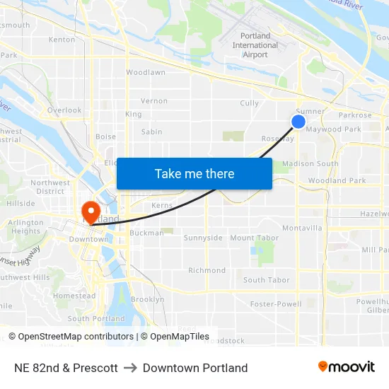 NE 82nd & Prescott to Downtown Portland map