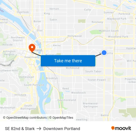 SE 82nd & Stark to Downtown Portland map