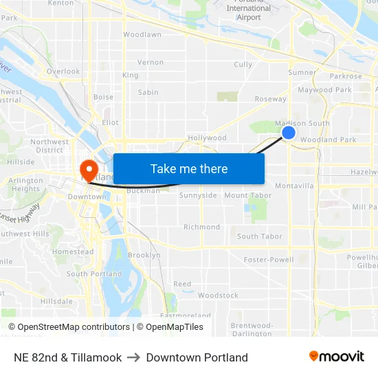 NE 82nd & Tillamook to Downtown Portland map