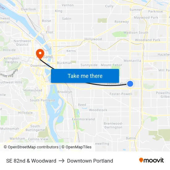 SE 82nd & Woodward to Downtown Portland map