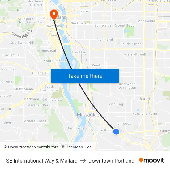 SE International Way & Mallard to Downtown Portland map