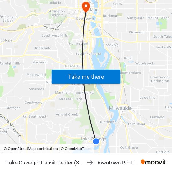 Lake Oswego Transit Center (South) to Downtown Portland map