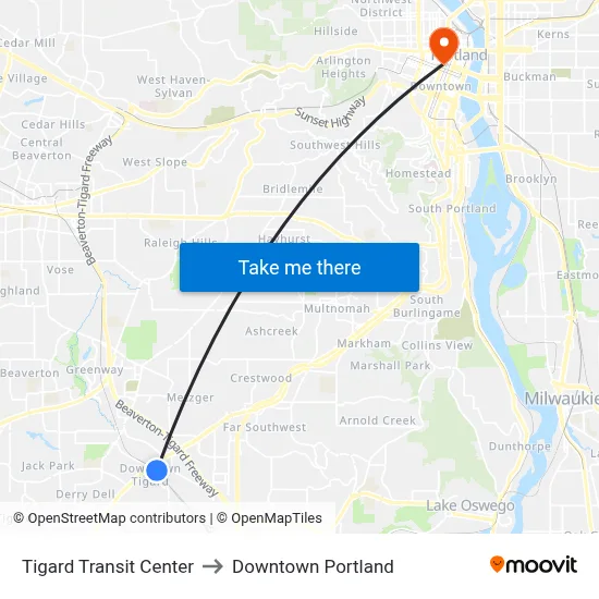 Tigard Transit Center to Downtown Portland map