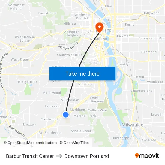 Barbur Transit Center to Downtown Portland map