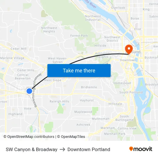 SW Canyon & Broadway to Downtown Portland map