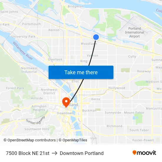 7500 Block NE 21st to Downtown Portland map