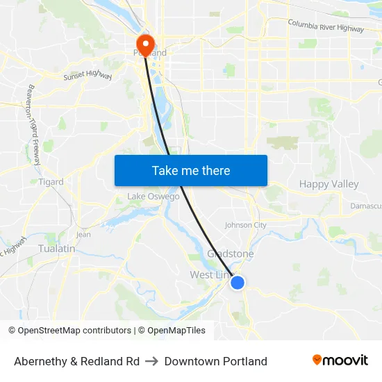 Abernethy & Redland Rd to Downtown Portland map