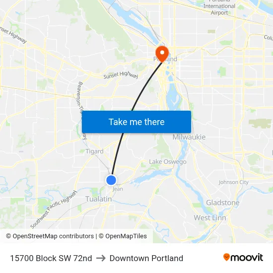 15700 Block SW 72nd to Downtown Portland map