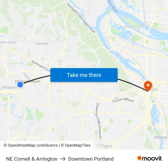 NE Cornell & Arrington to Downtown Portland map