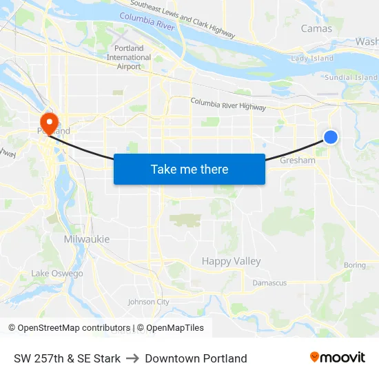 SW 257th & SE Stark to Downtown Portland map