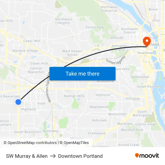 SW Murray & Allen to Downtown Portland map