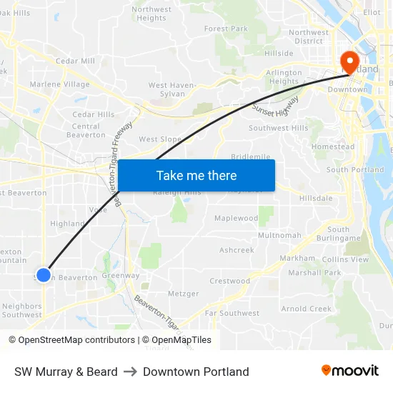 SW Murray & Beard to Downtown Portland map