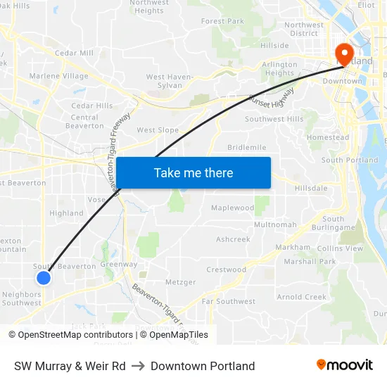 SW Murray & Weir Rd to Downtown Portland map