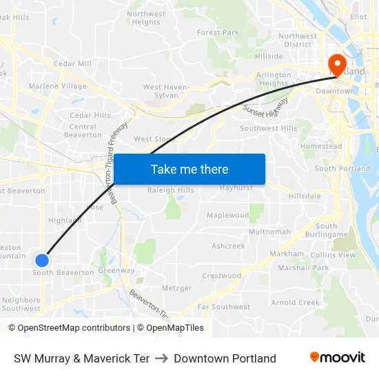 SW Murray & Maverick Ter to Downtown Portland map