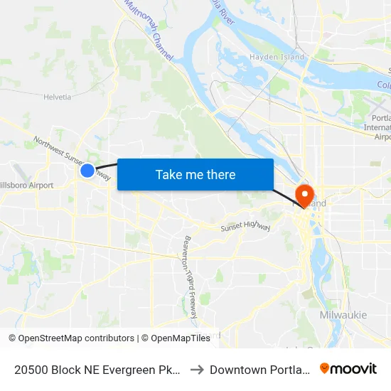 20500 Block NE Evergreen Pkwy to Downtown Portland map