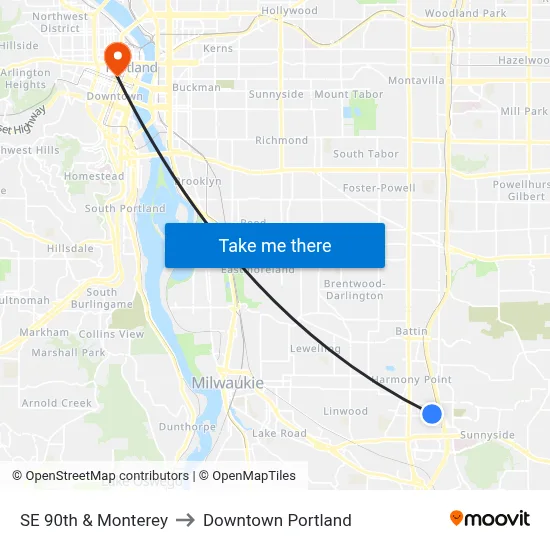 SE 90th & Monterey to Downtown Portland map