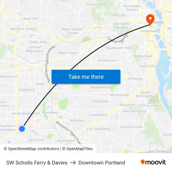 SW Scholls Ferry & Davies to Downtown Portland map