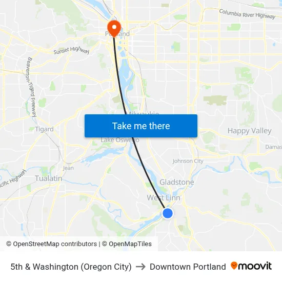 5th & Washington (Oregon City) to Downtown Portland map