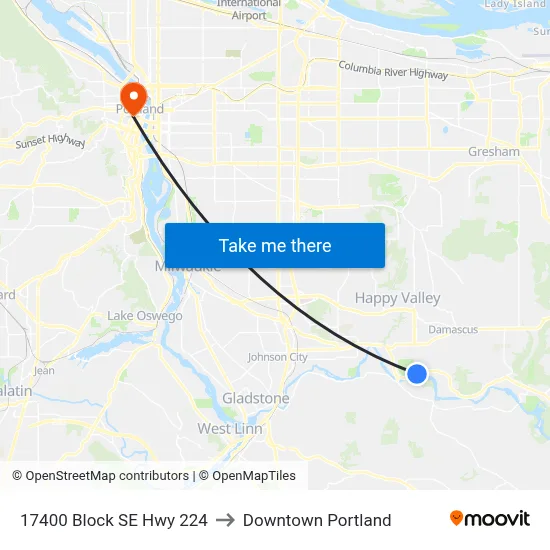 17400 Block SE Hwy 224 to Downtown Portland map