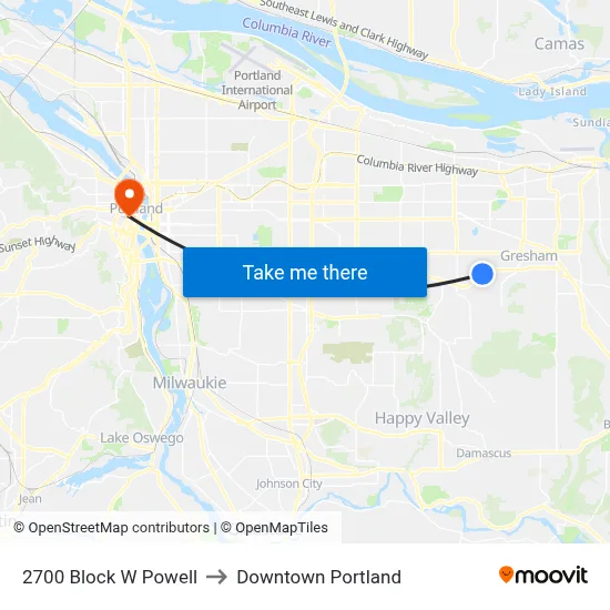 2700 Block W Powell to Downtown Portland map