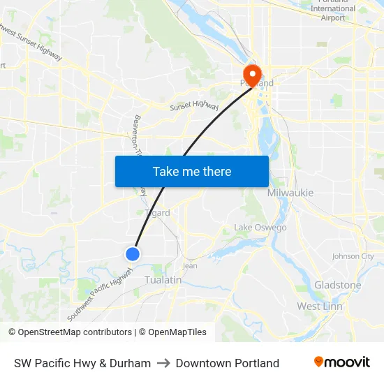 SW Pacific Hwy & Durham to Downtown Portland map