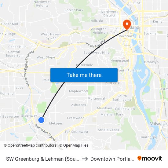 SW Greenburg & Lehman (South) to Downtown Portland map