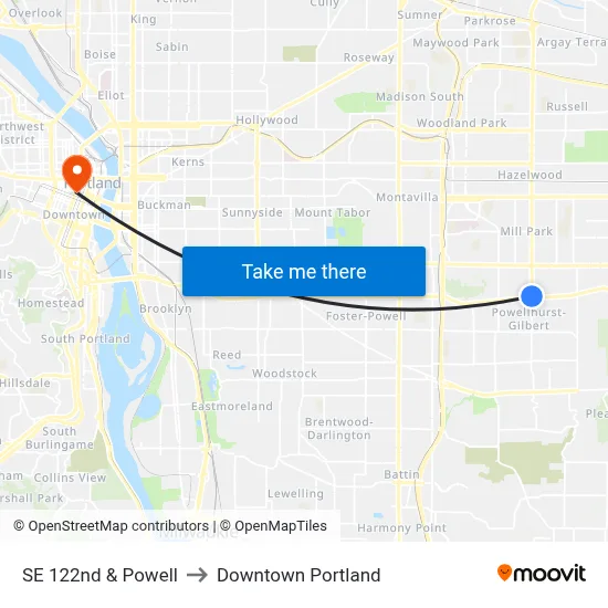SE 122nd & Powell to Downtown Portland map