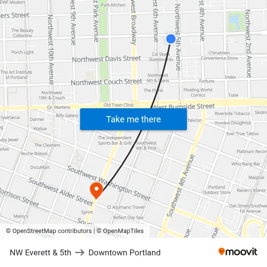 NW Everett & 5th to Downtown Portland map