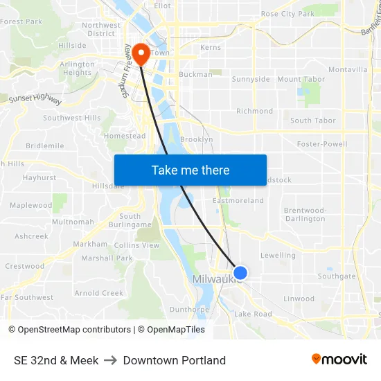 SE 32nd & Meek to Downtown Portland map