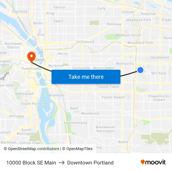 10000 Block SE Main to Downtown Portland map