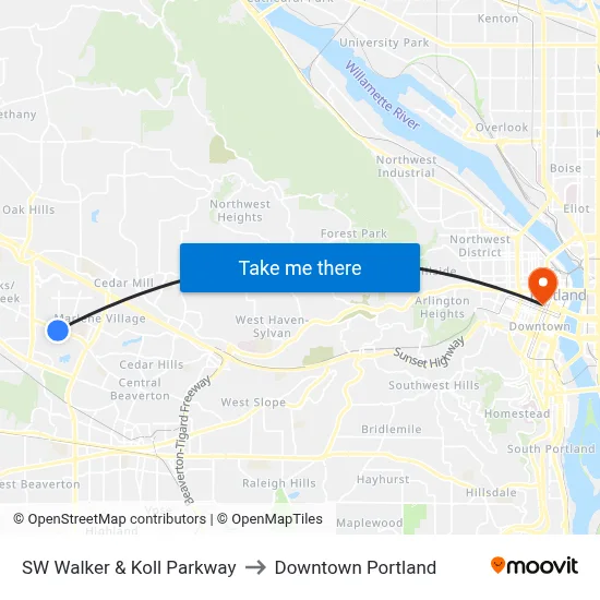 SW Walker & Koll Parkway to Downtown Portland map