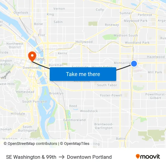 SE Washington & 99th to Downtown Portland map