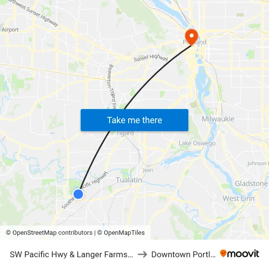SW Pacific Hwy & Langer Farms Pkwy to Downtown Portland map
