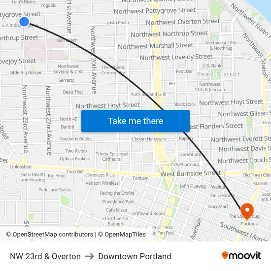 NW 23rd & Overton to Downtown Portland map