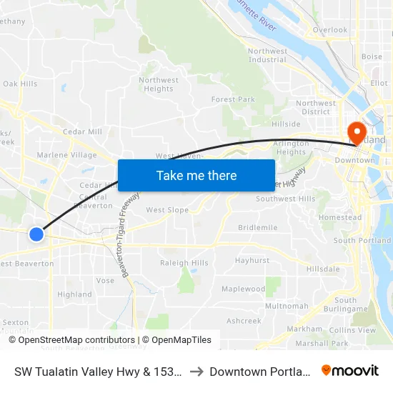 SW Tualatin Valley Hwy & 153rd to Downtown Portland map