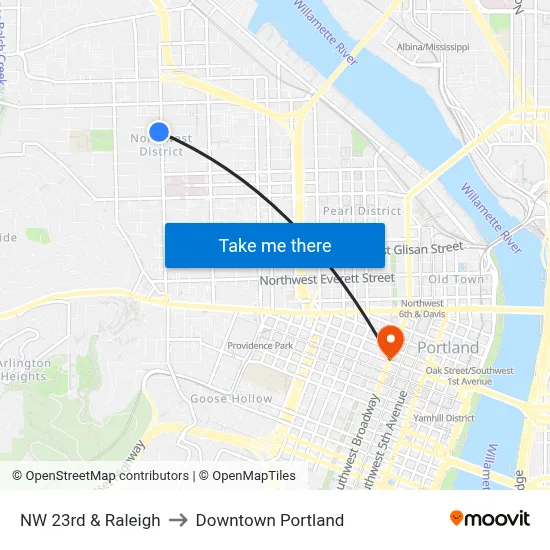 NW 23rd & Raleigh to Downtown Portland map