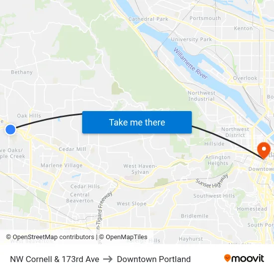 NW Cornell & 173rd Ave to Downtown Portland map