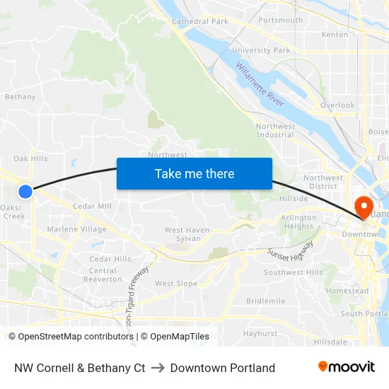 NW Cornell & Bethany Ct to Downtown Portland map